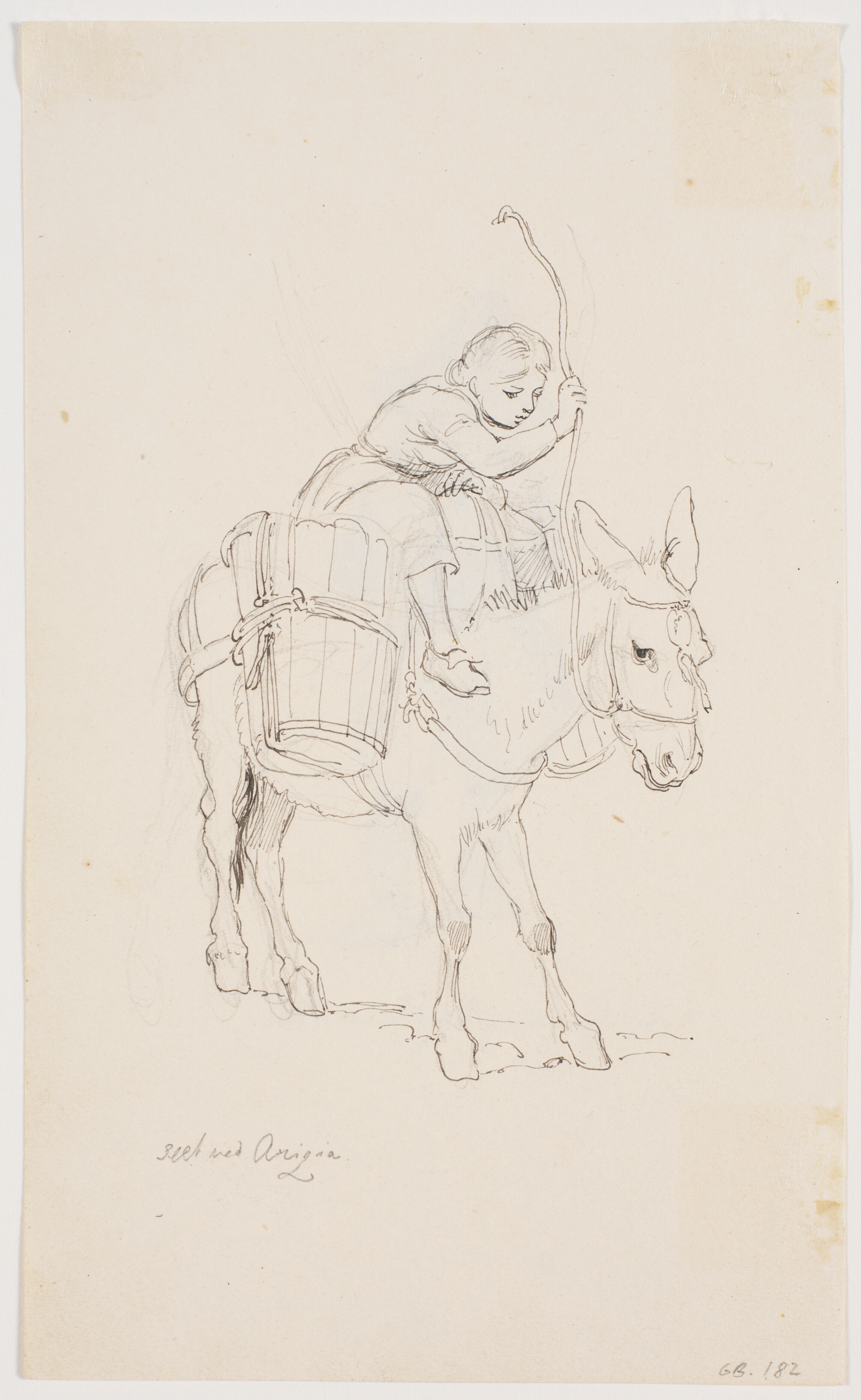 Pige ridende på æsel, i færd med at slå dette med tøjlen